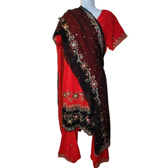 Punjabi Suit Est. L Red Black 3pc Embroidered + Bells Dupatta Desi Festival Y2K - Picture 2 of 15